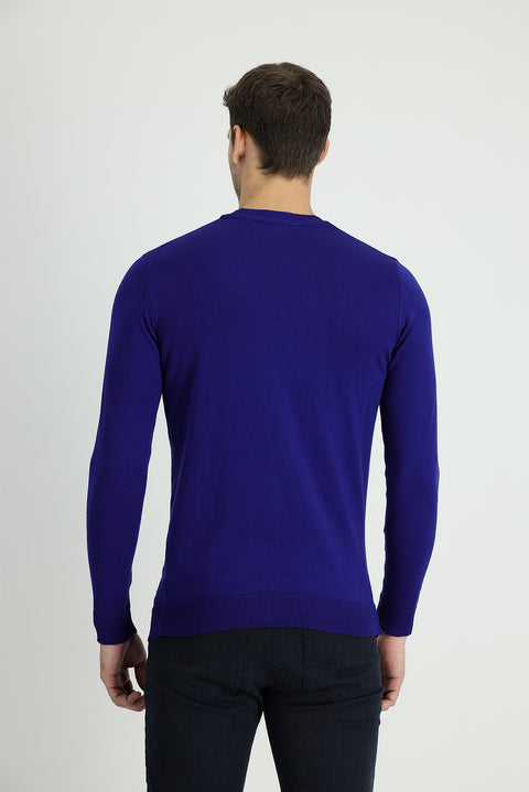 Saks Mavi Bisiklet Yaka Slim Fit Dar Kesim Desenli Pamuklu Triko Kazak