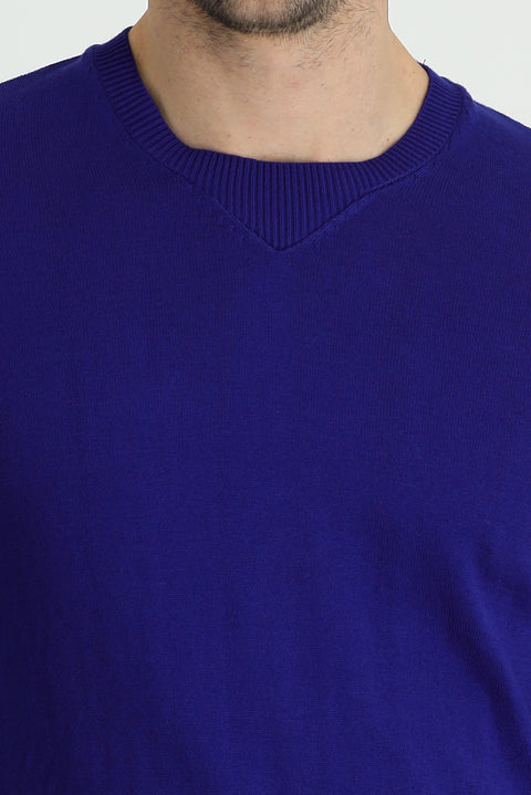 Saks Mavi Bisiklet Yaka Slim Fit Dar Kesim Desenli Pamuklu Triko Kazak