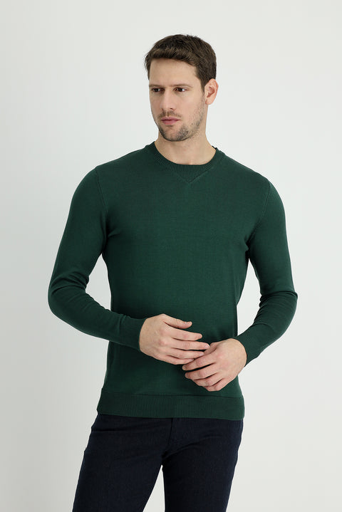 Orman Yeşili Bisiklet Yaka Slim Fit Dar Kesim Desenli Pamuklu Triko Kazak