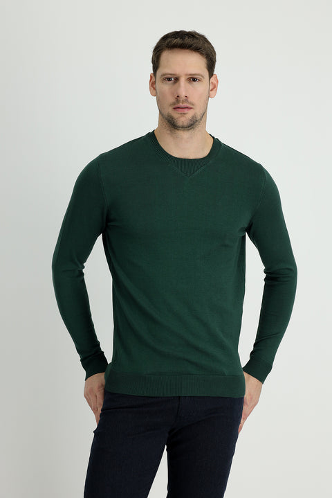 Orman Yeşili Bisiklet Yaka Slim Fit Dar Kesim Desenli Pamuklu Triko Kazak