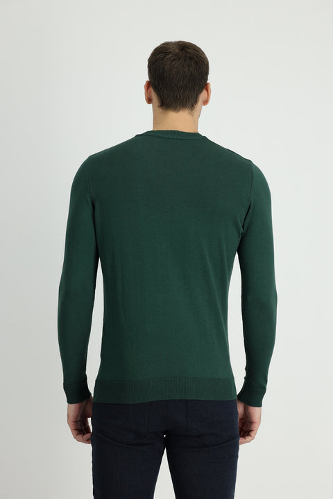 Orman Yeşili Bisiklet Yaka Slim Fit Dar Kesim Desenli Pamuklu Triko Kazak