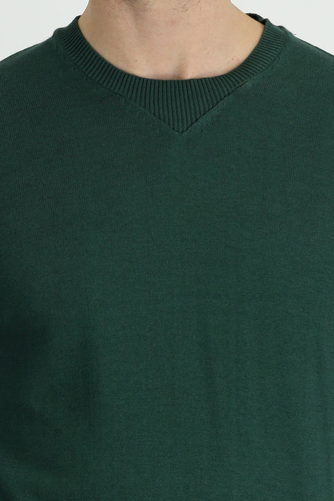 Orman Yeşili Bisiklet Yaka Slim Fit Dar Kesim Desenli Pamuklu Triko Kazak