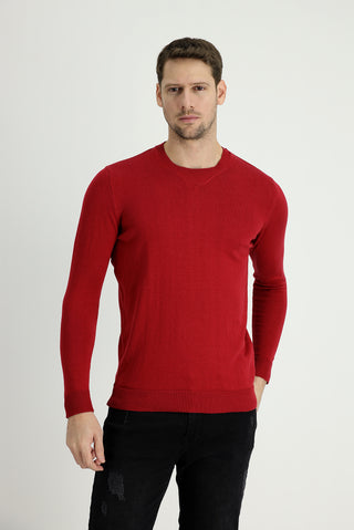  Koyu Kırmızı Bisiklet Yaka Slim Fit Dar Kesim Desenli Pamuklu Triko Kazak