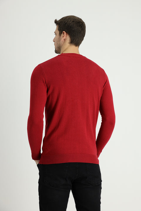 Koyu Kırmızı Bisiklet Yaka Slim Fit Dar Kesim Pamuklu Triko Kazak