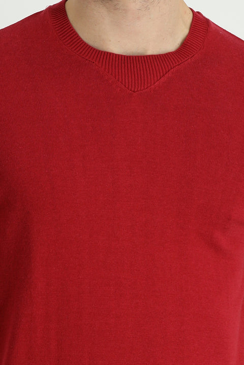 Koyu Kırmızı Bisiklet Yaka Slim Fit Dar Kesim Pamuklu Triko Kazak