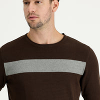 Koyu Kahve Bisiklet Yaka Slim Fit Dar Kesim Desenli Pamuklu Triko Kazak