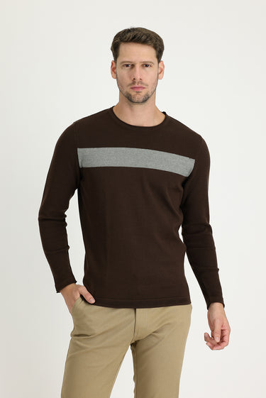 Koyu Kahve Bisiklet Yaka Slim Fit Dar Kesim Desenli Pamuklu Triko Kazak