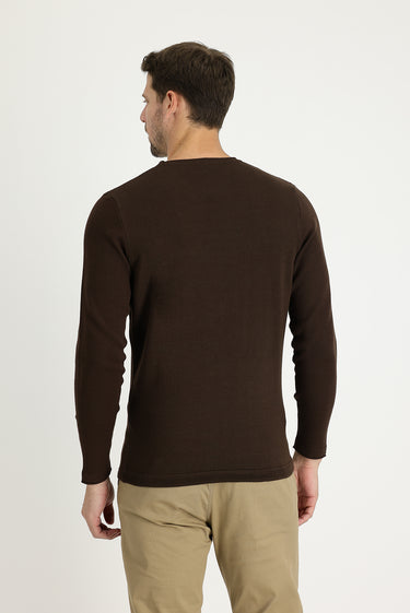 Koyu Kahve Bisiklet Yaka Slim Fit Dar Kesim Desenli Pamuklu Triko Kazak