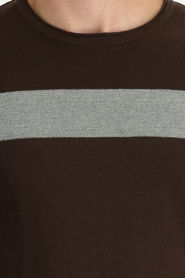 Koyu Kahve Bisiklet Yaka Slim Fit Dar Kesim Desenli Pamuklu Triko Kazak