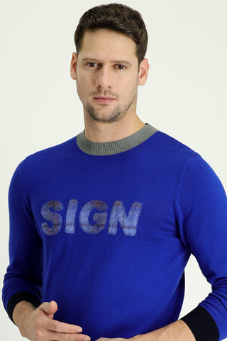  Açık Saks Mavi Bisiklet Yaka Slim Fit Dar Kesim Desenli Pamuklu Triko Kazak