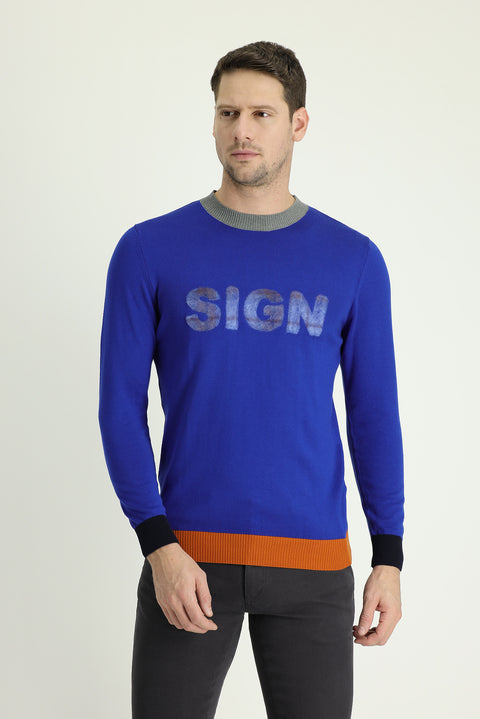 Açık Saks Mavi Bisiklet Yaka Slim Fit Dar Kesim Desenli Pamuklu Triko Kazak