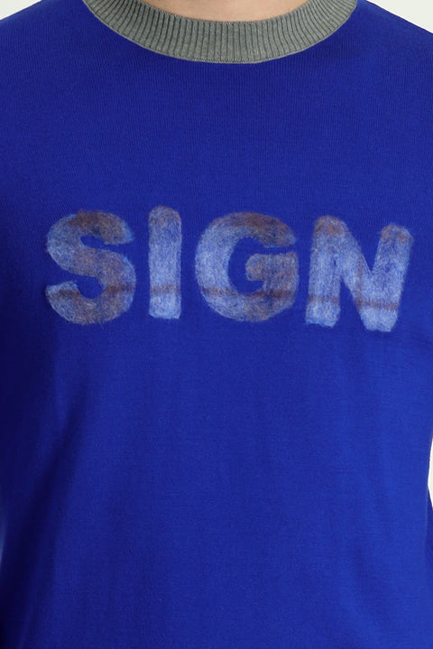 Açık Saks Mavi Bisiklet Yaka Slim Fit Dar Kesim Desenli Pamuklu Triko Kazak