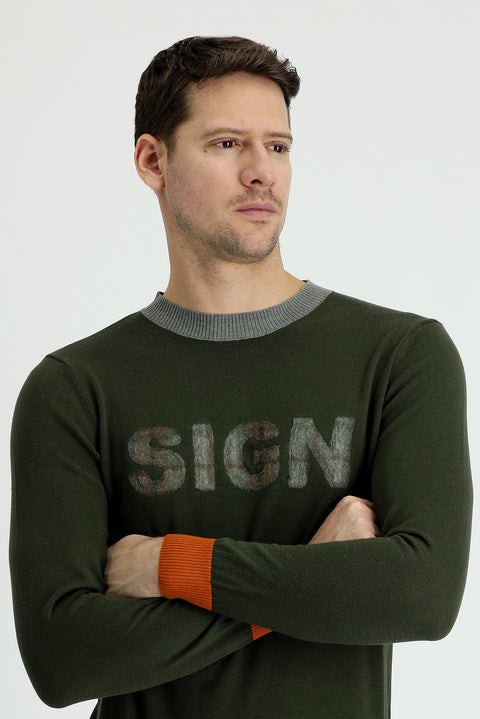 Orta Haki Bisiklet Yaka Slim Fit Dar Kesim Desenli Pamuklu Triko Kazak