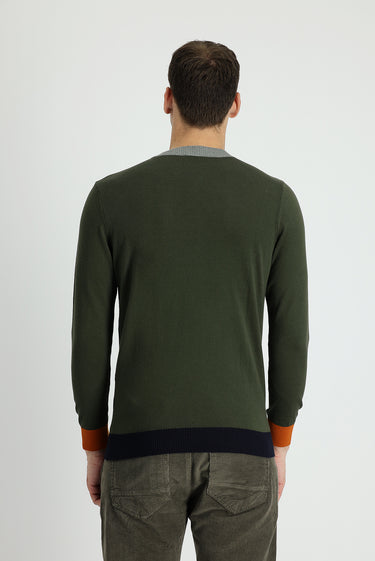  Orta Haki Bisiklet Yaka Slim Fit Dar Kesim Desenli Pamuklu Triko Kazak
