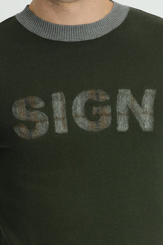  Orta Haki Bisiklet Yaka Slim Fit Dar Kesim Desenli Pamuklu Triko Kazak