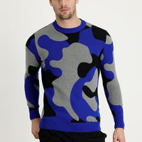 Açık Saks Mavi Bisiklet Yaka Slim Fit Dar Kesim Desenli Pamuklu Triko Kazak