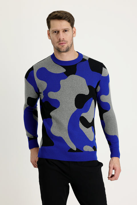 Açık Saks Mavi Bisiklet Yaka Slim Fit Dar Kesim Desenli Triko Kazak