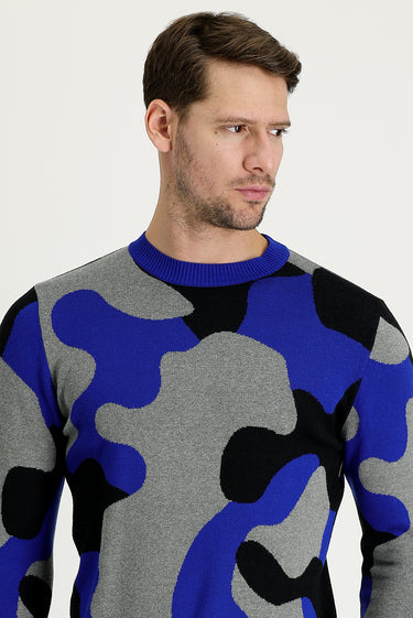 Açık Saks Mavi Bisiklet Yaka Slim Fit Dar Kesim Desenli Pamuklu Triko Kazak