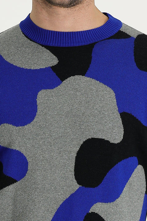 Açık Saks Mavi Bisiklet Yaka Slim Fit Dar Kesim Desenli Triko Kazak