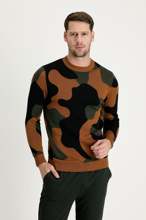 Tarçın  Bisiklet Yaka Slim Fit Dar Kesim Desenli Triko Kazak