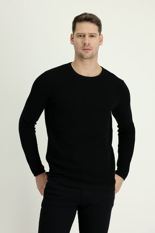  Siyah Bisiklet Yaka Slim Fit Dar Kesim Desenli Pamuklu Triko Kazak