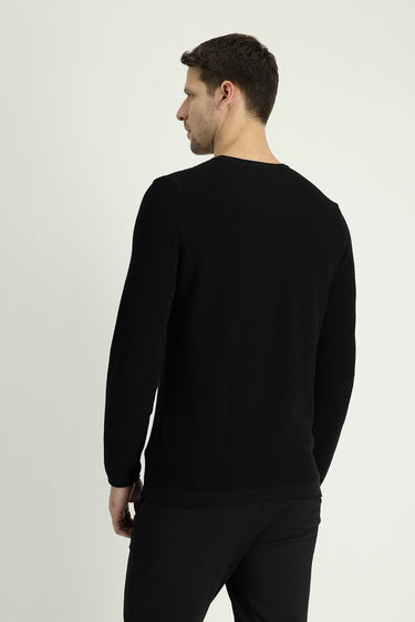 Siyah Bisiklet Yaka Slim Fit Dar Kesim Desenli Pamuklu Triko Kazak