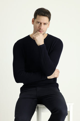  Koyu Lacivert Bisiklet Yaka Slim Fit Dar Kesim Desenli Pamuklu Triko Kazak