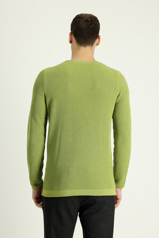  Fıstık Yeşili Bisiklet Yaka Slim Fit Dar Kesim Desenli Pamuklu Triko Kazak