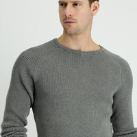 Orta Gri Melanj Bisiklet Yaka Slim Fit Dar Kesim Desenli Triko Kazak