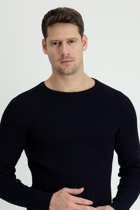 Koyu Lacivert Bisiklet Yaka Slim Fit Dar Kesim Desenli Triko Kazak