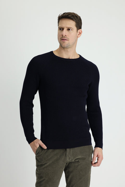 Koyu Lacivert Bisiklet Yaka Slim Fit Dar Kesim Desenli Triko Kazak