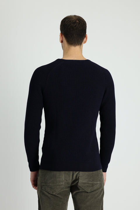 Koyu Lacivert Bisiklet Yaka Slim Fit Dar Kesim Desenli Triko Kazak