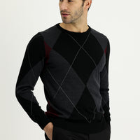 Siyah Bisiklet Yaka Slim Fit Dar Kesim Desenli Pamuklu Triko Kazak