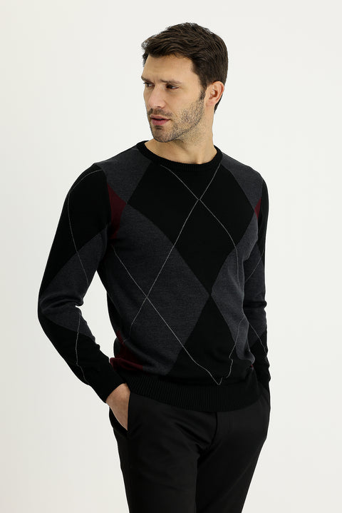 Siyah Bisiklet Yaka Slim Fit Dar Kesim Desenli Pamuklu Triko Kazak