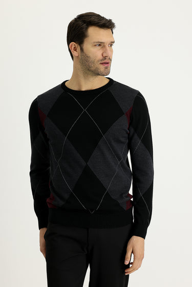Siyah Bisiklet Yaka Slim Fit Dar Kesim Desenli Pamuklu Triko Kazak