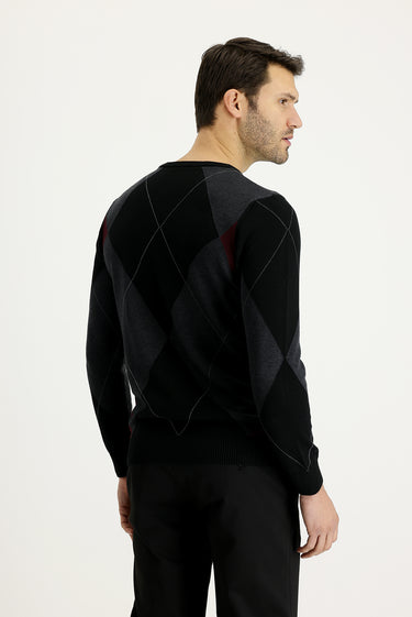 Siyah Bisiklet Yaka Slim Fit Dar Kesim Desenli Pamuklu Triko Kazak