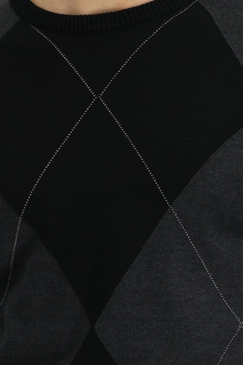 Siyah Bisiklet Yaka Slim Fit Dar Kesim Desenli Pamuklu Triko Kazak