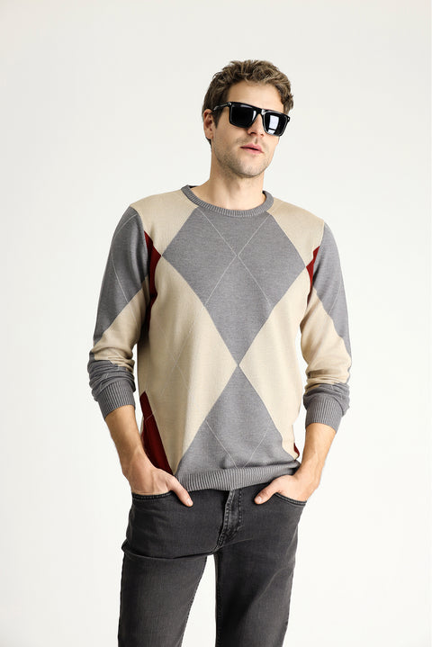 Orta Gri Bisiklet Yaka Slim Fit Dar Kesim Desenli Pamuklu Triko Kazak