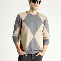 Orta Gri Bisiklet Yaka Slim Fit Dar Kesim Desenli Pamuklu Triko Kazak