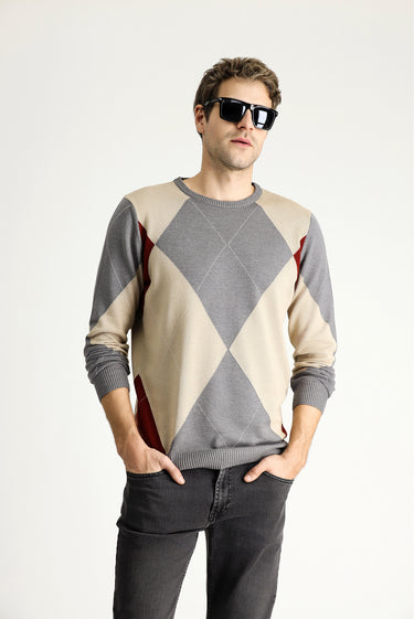 Orta Gri Bisiklet Yaka Slim Fit Dar Kesim Desenli Pamuklu Triko Kazak