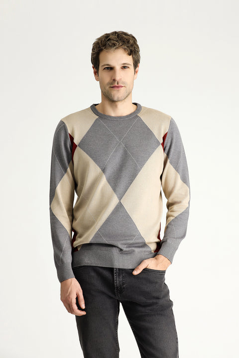 Orta Gri Bisiklet Yaka Slim Fit Dar Kesim Desenli Pamuklu Triko Kazak