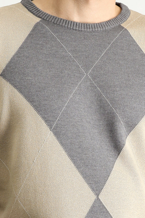 Orta Gri Bisiklet Yaka Slim Fit Dar Kesim Desenli Pamuklu Triko Kazak