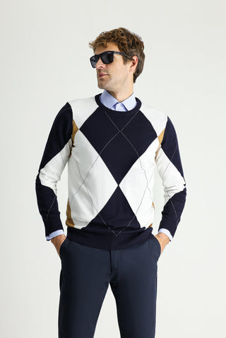  Koyu Lacivert Bisiklet Yaka Slim Fit Dar Kesim Desenli Pamuklu Triko Kazak