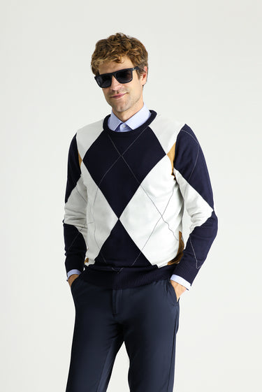 Koyu Lacivert Bisiklet Yaka Slim Fit Dar Kesim Desenli Pamuklu Triko Kazak