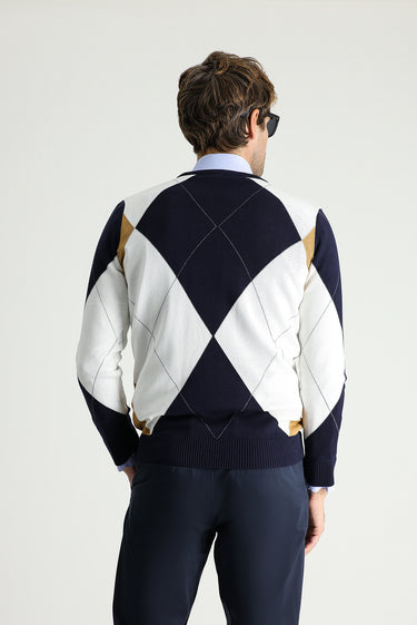 Koyu Lacivert Bisiklet Yaka Slim Fit Dar Kesim Desenli Pamuklu Triko Kazak