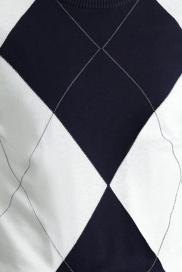 Koyu Lacivert Bisiklet Yaka Slim Fit Dar Kesim Desenli Pamuklu Triko Kazak