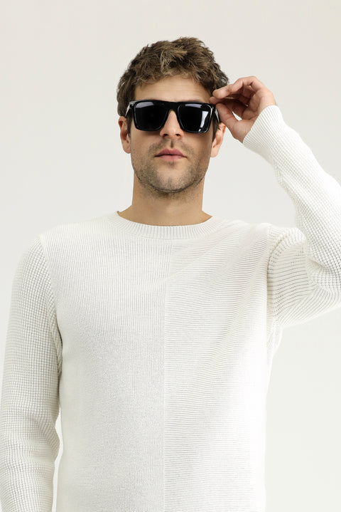 Ekru Bisiklet Yaka Slim Fit Dar Kesim Desenli Pamuklu Triko Kazak