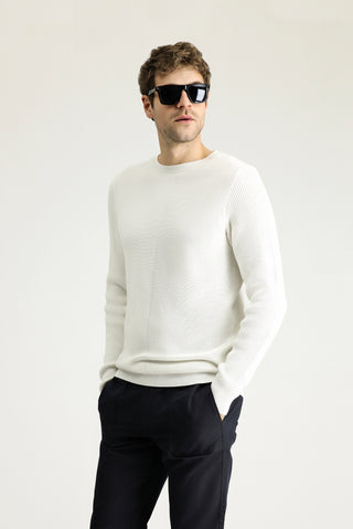  Ekru Bisiklet Yaka Slim Fit Dar Kesim Desenli Pamuklu Triko Kazak