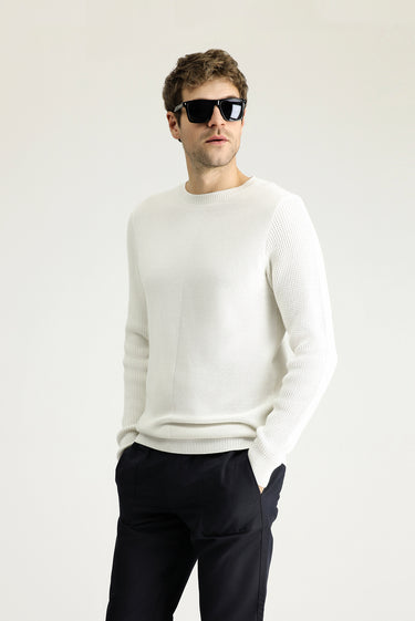 Ekru Bisiklet Yaka Slim Fit Dar Kesim Desenli Pamuklu Triko Kazak
