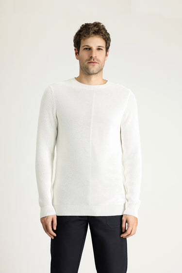 Ekru Bisiklet Yaka Slim Fit Dar Kesim Desenli Pamuklu Triko Kazak